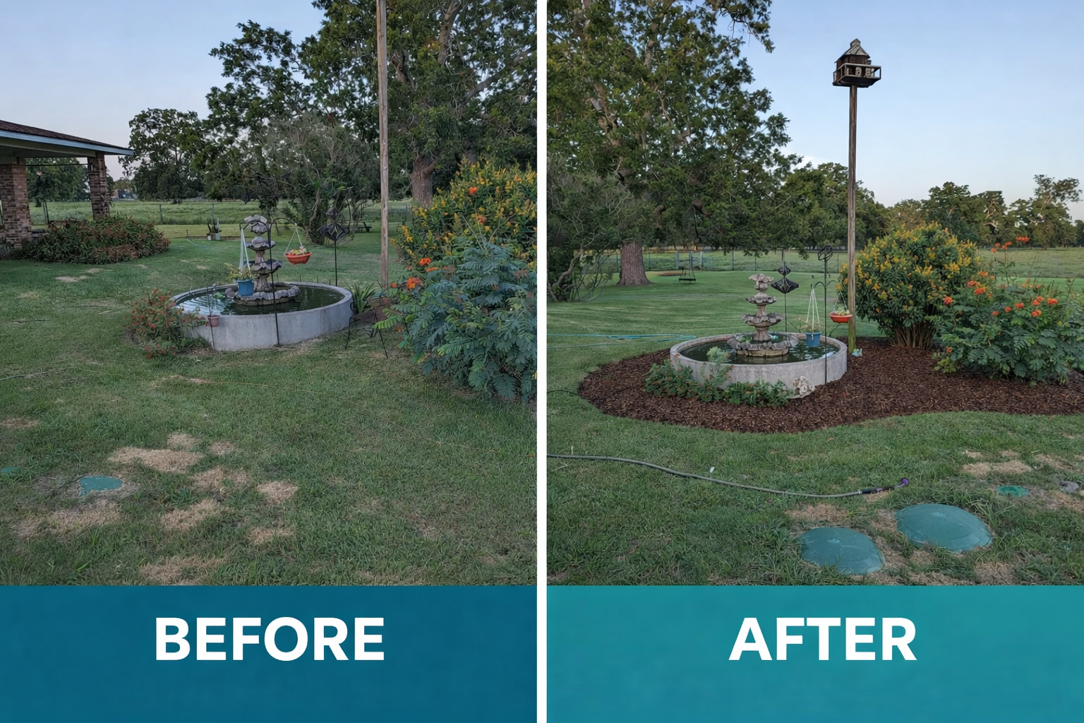 Before and after mulch installation around a garden fountain