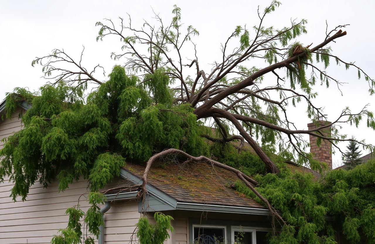 Storm-fallen tree resting on residential rooftop awaiting emergency removal
